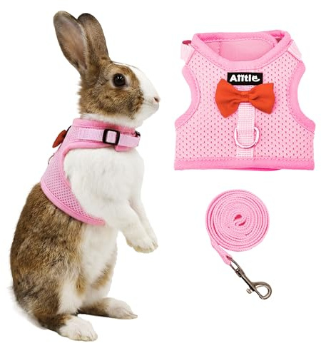 AIITLE Ensemble de harnais et laisse pour lapin avec joli nœud, gilet en maille respirante et douce pour lapins, chatons, furets, petits cochons et chiots - Fournitures de promenade - Rose - Taille M