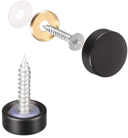 TOP-VIGOR 6Pcs Mirror Screws, 12mm brass Mirror Screws Cap Nail with Washers, Decorative Cap Covers Polished Mirror Nails for Mirrors, Furniture Fittings, Tables, Wardrobes, Glass, Black