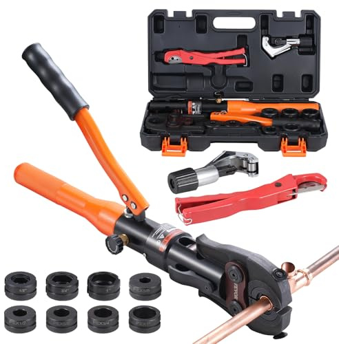 VEVOR Copper Pipe Crimping Tool, Hydraulic Driven Press Tool with 1/2, 3/4, 1 Jaws for Copper Pipe and 3/8, 1/2, 5/8, 3/4, 1 Jaws for ASTM F1807 Pex Pipe Copper Ring