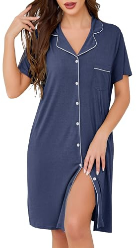 Lovasy Chemise de Nuit Femme Coton à Manches Courtes Chemise de Nuit Léger Col en V Classique Robe De Nuit Boutonnée Devant Tee Shirt de Nuit Femme Grande Taille avec Poches Latérales,A-Bleu,M