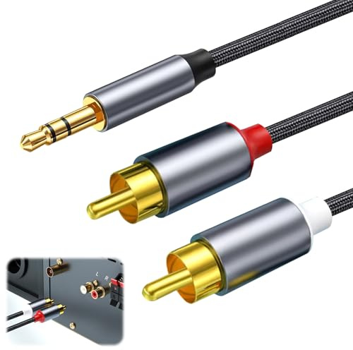 RAC to 3.5mm Audio Cable Phono to 3.5mm Jack Red and White Aux Headphone Mini Jack Leads Stereo Audio Y Splitter Aux Cord Compatible with Hi-Fi Amplifier Speaker Home Theater Car DJ Controller, 2M