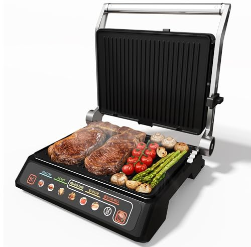 Sunvivi Indoor Grill & Griddle with Preset Menu, 1600W Electric Panini Press Sandwich Maker, Removable Nonstick Plates, Locking Lid, Double-sided Grill with 180° Flat Opening, Stainless Steel, Black
