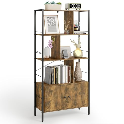 Blishom Bücherregal, Bücherschrank mit 4 offenen Regalebenen, Bücherregal Industrie-Design mit Schrank, für Büro, Wohnzimmer, Schlafzimmer, Küche, 74 x 30 x 153 cm, Retro