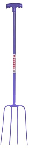 Red Gorilla 4 Prong Manure Fork with T Handle Purple Lightweight For Stable Bedding Mucking Out Metal Pitchfork for Hay and Garden Compost 114cm Long