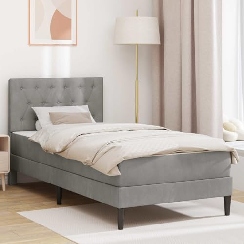 kithwjll Cadre de lit avec matelas 90 x 200 cm en velours gris clair, sommier à lattes, ergonomique, respirant, avec surmatelas en mousse à froid, idéal pour chambre à coucher, chambre d'amis, chambre