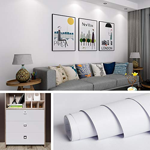 Livelynine Papier Peint Adhésif Blanc Uni de 40CM*5M Papier Peint Adhésif Mural Décoratif Amovible Étanche Lavable Stickers Meubles pour Cuisine Salon Salle de Bain Chambre Placard Armoire Comptoir