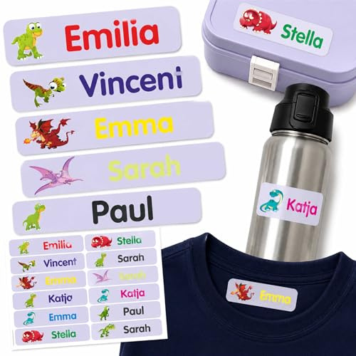 Indigos UG - Namensaufkleber Kinder Schule - 35–105 Sticker 35x10mm - Dinosaurier hellblau - Kindergarten - mit Wunschtext personalisierbar - wasserfeste Wäscheetiketten selbstklebend