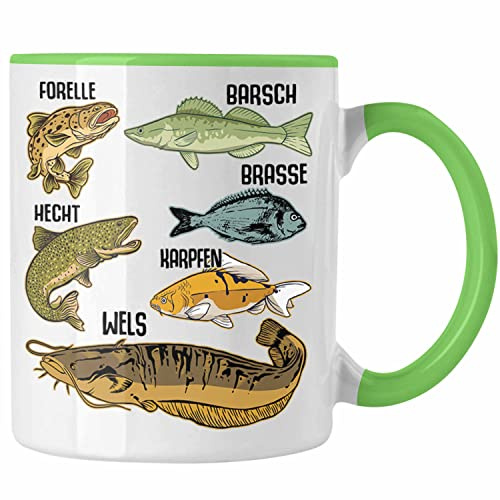Trendation - Angler Fischer Tasse mit Fischarten Geschenk Raubfische Hobbyangler Hecht Forelle Barsch Angeln Kaffeetasse (Grün)
