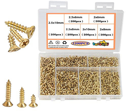 huruirui M2 M2.5 Kleine Schrauben set,1200Stück Holzschrauben Selbstschneidende Schrauben Lang 6mm 8mm 10mm Flachkopf Kreuzkopf Blechschrauben Set Teile für die Gerätereparatur Golden