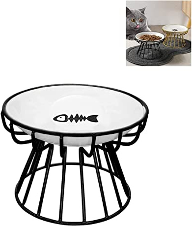 Plato de cerámica elevado para gatos con soporte de metal, apto para alimentos, agua, antivómitos, plato de cerámica poco profundo para gatos y perros pequeños (estante negro, plato de pescado)