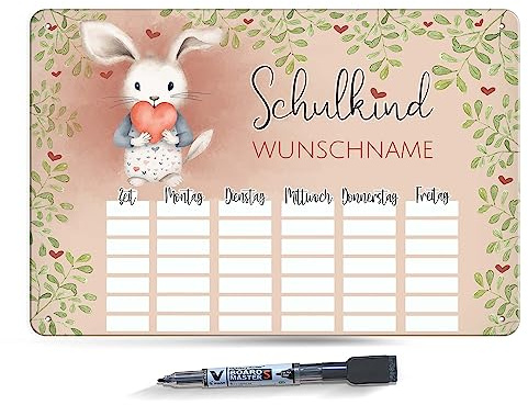 PR Print Royal Abwischbarer Stundenplan magnetisch inkl. Stift - Hase - mit Name personalisierbar - Einschulungsgeschenk - Geschenk zum Schulanfang - Metallschild A4 mit abwischbarem Stift