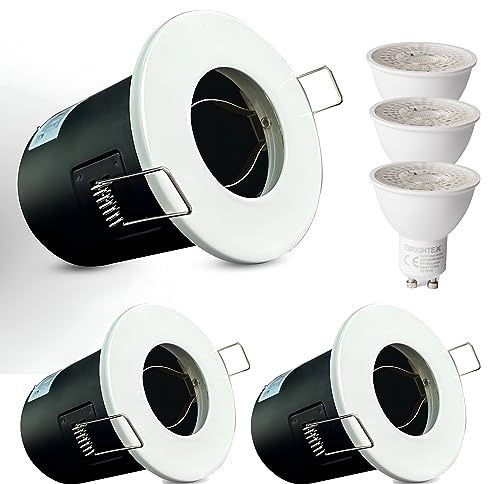Brightex, Pack of 3 FIRE Rated Downlights IP65 White Outdoor & Indoor Ceiling Recessed Spot Light LED GU10 Spotlights Bedroom, Kitchen, Bathroom (Bulb Included)