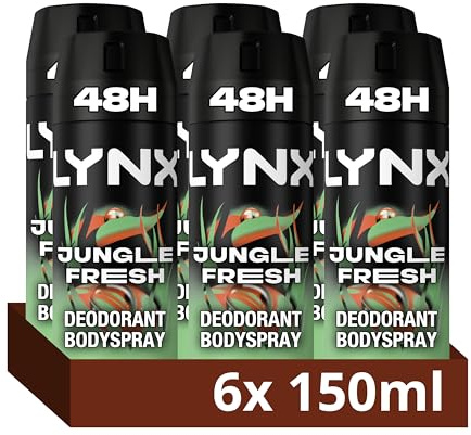 Lynx Jungle Fresh Body Spray Deodorant for Men 150ml Pack of 6, 48H Odour Protection Bodyspray Aerosol, Palm Leaves and Amber Fragrance, Lynx Deodorant Mens Everyday Freshness