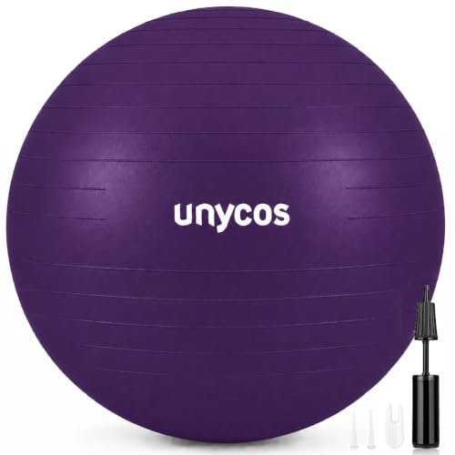 unycos - Pelota de Pilates, Gimnasia, Yoga, Fitness y Embarazo, Fitball Antideslizante y Anti-Burst【75 cm】de PVC Extra Grueso, Resistencia de 300 kg, Incluye Hinchador (Morado con Logo)