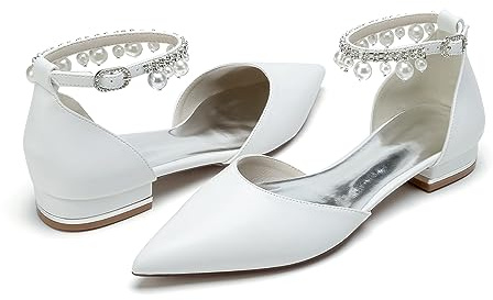 Scarpe da Sposa con Tacco Basso da Donna A Punta Ballerine Cinturino alla Caviglia Décolleté da Festa con Perla in Pelle PU,Bianca,41 EU