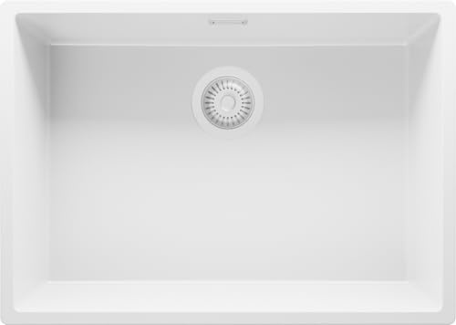 PRIMAGRAN Fregadero bajo Encimera al Mueble 70cm + Kit de desagüe, 66x47cm | Set: Kit de desagüe (sifón, válvula, rebosadero) + London 1 Seno para Cocina, Todo Blanco