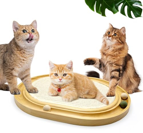 Planche à gratter pour chat, jouet 3 en 1, 43 x 33 x 3 cm, en pin massif et coussin en sisal naturel, boules d'herbe à chat, convient aux chats pour gratter, jouer et dormir