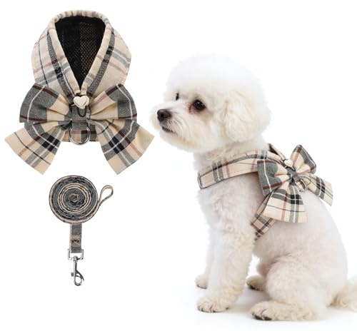 KOOLTAIL Small Dog Harness and Leash Set, Cute Puppy Vest Harnesses with Bowtie, Step in No Pull Soft Mesh Padded Adjustable Plaid Pet Harness for Extra-Samll Medium Dogs Cats, Boy Girl, XS-M, Beige S