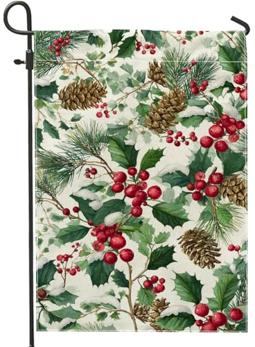 Bandera de jardín de acebo, piñas de temporada de Navidad, bayas, arpillera roja, doble cara, bandera de jardín pequeña para patio al aire libre, porche, entrada, 12 x 18 pulgadas