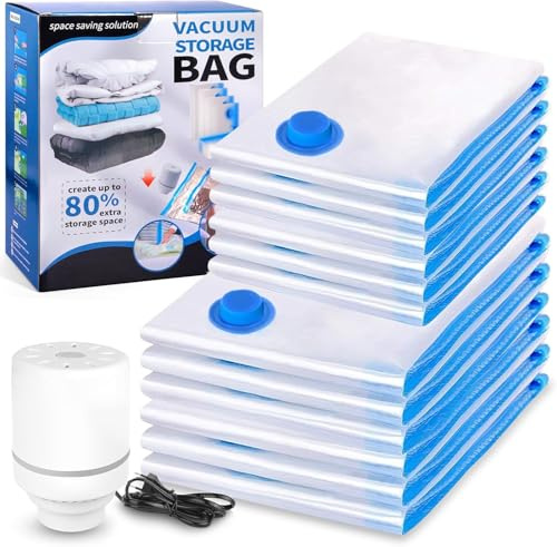 Sugsäckar för Aspiratör 12-delar 6L 80x60cm 6S 60x40cm med 1 Elektrisk Luftpump, Återanvändbara Vakuumförvaringspåsar Lagra Kläder, Sängkläder och Bagage