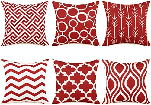 TIDWIACE 6er Set Dekorative Kissenbezüge Rot Leinen Kissenbezug 45x45 cm - Geometrischen Mustern Kissenhüllen für den Außenbereich Terrasse Garten Bank Wohnzimmer Sofa Dekor Zierkissenbezüge