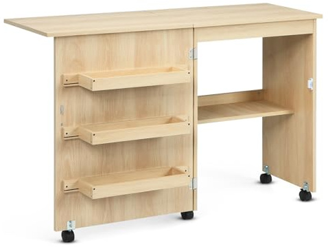 DREAMADE Table de Couture Pliante, Meuble Machine à Coudre en Bois avec 3 Étagères,Bureau Couture avec roulettes, 117X40X78CM (Couleur de Bois)