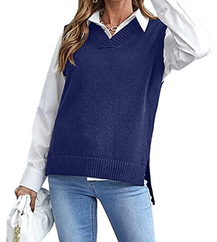 MODFUL Pull en tricot sans manches avec col en V pour femme - Gilet classique chunky - Veste en maille, bleu, M
