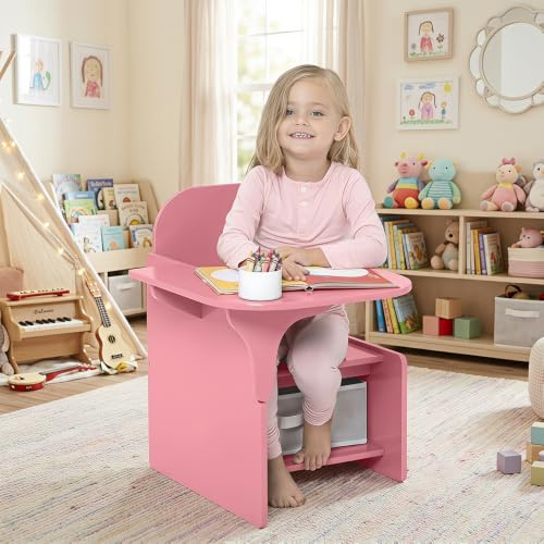 Rainbow Tree 2 in 1 Wooden Children Table with Chair, Small Kids Table and Chair Set with Storage for Toys Books, Suitable for Kids Children Toddlers Boys Girls (Pink)
