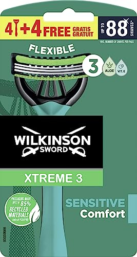 Wilkinson Sword Xtreme 3 Sensitive Einwegrasierer mit 3 weichen Klingen und Aloe Vera & Vitamin E Gleitstreifen 4 Stück