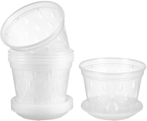 YARNOW 5 Sets transparenter Orchideentopf aus Kunststoff mit Löchern und Untertassen, geschlitzte Kindergartentöpfe zum Umtopfen von Orchideen (Durchmesser 12,8 cm)