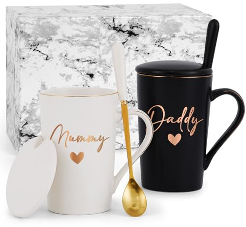 Joymaking New Mum and Dad Gifts Coffee Mug for New Parents, 14oz Mugs for Newborn Gifts for Mums, Mummy and Daddy, 14oz White-Black