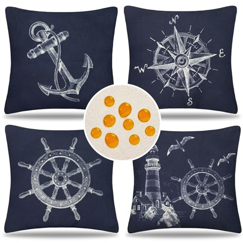 Nautische Kissenbezug Blau Outdoor Wasserdichter Kissenbezüge Dekorative Sofakissen Leinen Dekokissen 45x45cm für Sofa Couch Patio Möbel Garten Draußen Drinnen (Leuchtturm, Anker, Ruder, Kompass)