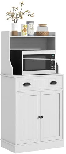HOMCOM Meuble Micro-Ondes, Armoire Cuisine, étagère réglable sur 3 Niveaux, avec Espace Ouvert, 1 tiroir et Placard 2 Portes, Meuble de Cuisine, Design Moderne, 61 x 35 x 125,4 cm, Blanc
