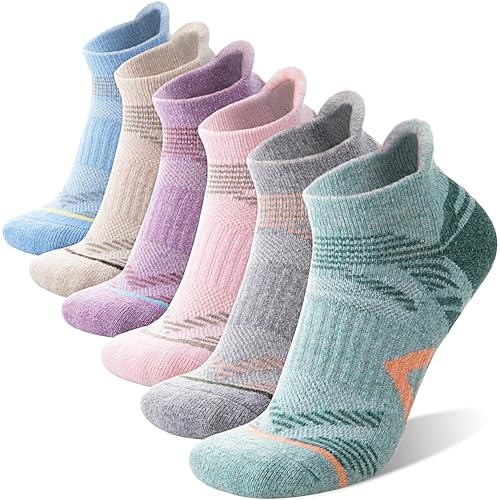 ANTSANG Merino Wool Ankle Hiking Socks Compression Warm Thermal Thick Cushion Winter Running No Show Moisture Wicking Socks Gifts Stocking Stuffers for Women Men 6 Pairs(Light Mixed,M)