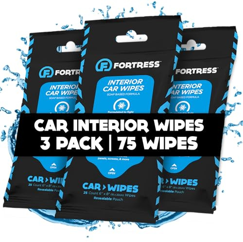 Fortress Car Interior Wipes (25 ct, Pack of 3) for Car Interior Cleaning, Dashboard, Seats, Detailing, and Steering Wheel [Travel Size] Skin-Safe Car Interior Cleaner Supplies