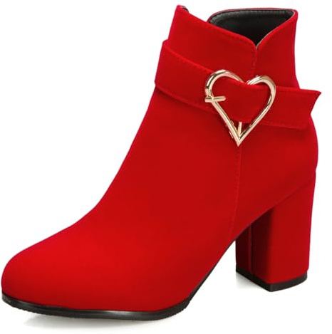 OALEEN Bottines Boots Femme Hiver Talon Haut Carré Bloc Bout Rond Coeur Métal Effet Suède Velours Soirée Chaussures Rouge 48