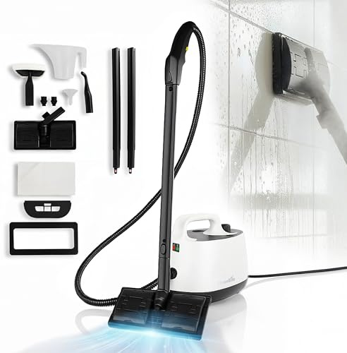 CleanRite Multifunktionell ångtvätt | 7 tillbehör ingår | 13 stycken | ångtvätt för matta, kakel och glas | lätt och kompakt | 30 x 15 x 25 cm | vit