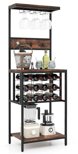 GIANTEX Casier à Bouteilles, Casier a Vin, 12 Porte-Bouteilles, 3 Crochets Doubles, Porte-Gobelets, Etagere Cuisine pour Salle à Manger, Bar, Style Industrielle, 54 x 37 x 156 cm, Marron Rustique