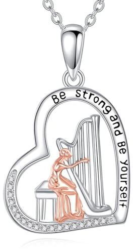 YFN Collier Harpe Pendentif Cœur en Argent 925 Cadeau pour les femmes et les filles passionnées de musique