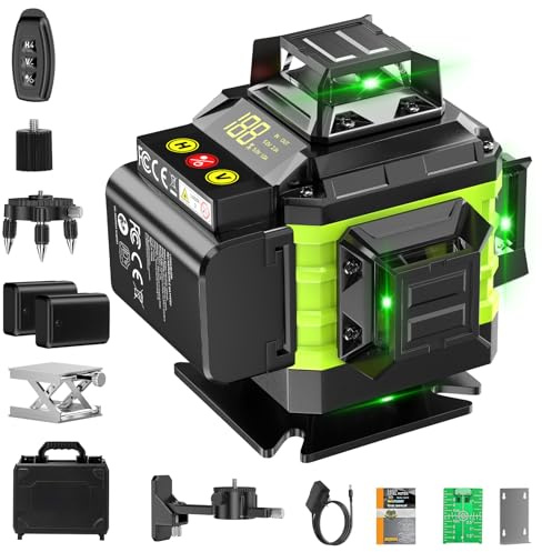 Nivel Laser Autonivelante 360 Grados, Nivel Láser Verde 16 Líneas, 2 x 360 Horizontal y 2 x 360 Verticales, 2 x Batería, Montaje en Pared, Control Remoto, Base Magnética, Soporte Giratorio, Trípode