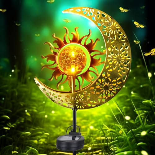 Solar Garden Lights Outdoor, Moon Solar Light with Crackle Glass Globe, Decorative Solar Garden Ornament with Warm LED Light for Lawn, Patio, Yard, Courtyard, Garden Decor Gift for Women Mum(Moon)