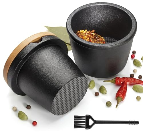 Mysora Cast Iron Spice Grinder with Wood Lid & Cleaning Brush, 3 Inch Heavy Duty Spice Mill for Peppercorns, Herbs, Seeds, Sesame Seeds, Manual Grinder for Spices, Perfect for Kitchen Spices