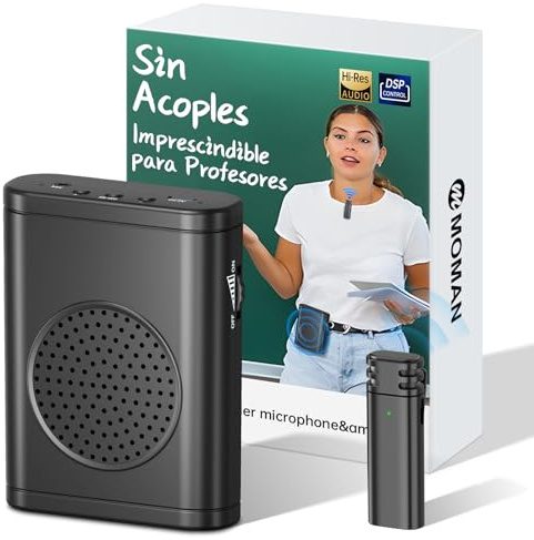 Moman Amplificador de Voz con Micrófono Lavalier Inalámbrico | Altavoz Portátil de Baja Latencia Sin Acoples, Sistema de PA Personal para Profesores, Aulas, Yoga, Formación