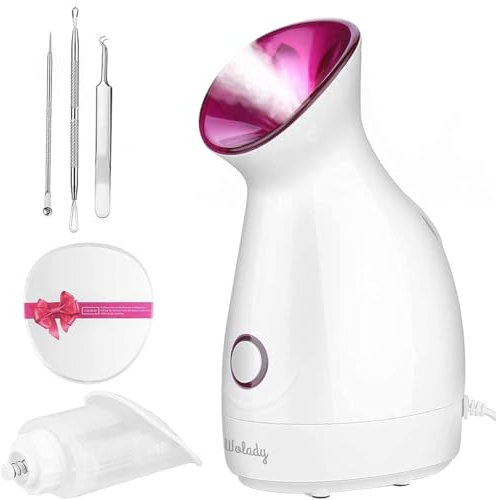 Facial Steamer, Wolady Nano Ionic Face Steamer for Pores with UV Light Hot Mist Moisturizing Sprayer Home Sauna SPA Bonus Blackhead Extractor Kit (Pink)