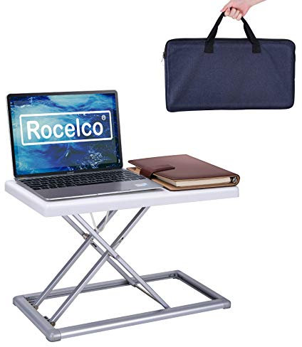Rocelco Estación de trabajo compacta para estar sentado y de pie con bolsa de transporte, color blanco, plástico de acero, portátil de 19 pulgadas