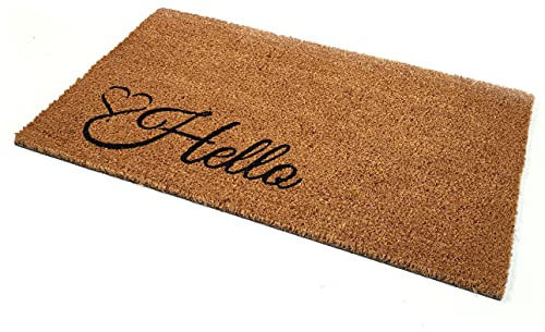 Black Ginger Large, Thick, Decorative, Patterned Coir Door Mats with Nature Designs (Hello Love Heart)
