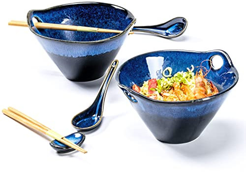 Henten Home Bols Ramen, Porcelaine Bols à Soupe de 2 × 900ml avec Cuillère et Baguettes, Bol Japonais pour Soupe, Udon, Salade, Céréales, Convient Micro-onde et Lave-vaisselle - Set de 8 Pièces