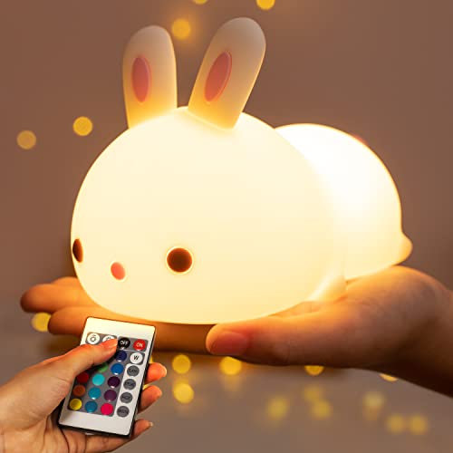One Fire Nachtlicht Kinder Nachtlicht Baby, 16 Farben+Stilllicht Dimmbar+Fernsteuerung Nachtlampe Kinderzimmer Deko,Weich Silikon Kawaii Hase Nachttischlampe Kinder Kawaii Deko Baby Geschenk Mädchen