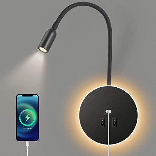Awekliy aplique de pared LED Lámpara de lectura de cuello de cisne Lámpara de lectura de cabecero de dormitorio con interruptor Aplique de pared interior Puerto de carga USB(3W 3000k + 8W 6000k)Negro