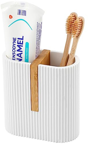 rejomiik Matte White Toothbrush Holders Electric Toothbrush Holder for Bathrooms, Bamboo Tooth Brushing and Toothpaste Storage Organizer for Sink, Countertop